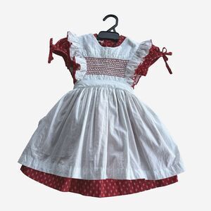 Vintage Polly Flinders Smocked Fleur de lis Pinafore Dress Red Puff Sleeves Sz 3